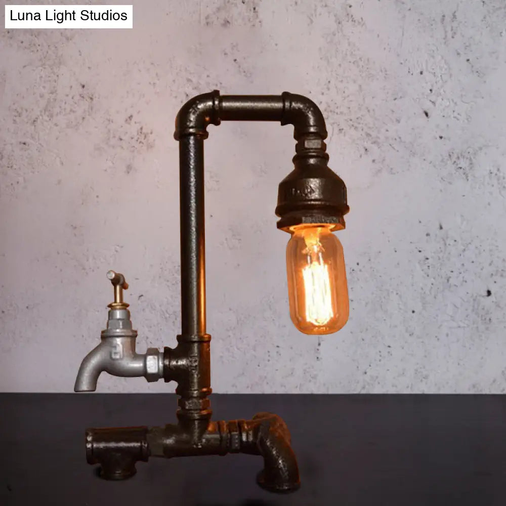 Vintage Style Water Pipe Wrought Iron Lighting Fixture With Faucet - Head Table In Black Finish