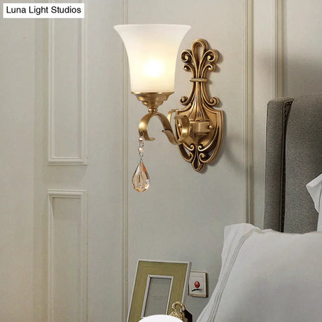 Vintage-Style White Glass Bell Wall Sconce Light With Brass Finish And Crystal Accent For Bedroom
