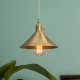 Vintage Suspension Pendant Light With Metallic Brass/Gold Finish - 7’/8.5’ Conical Shade