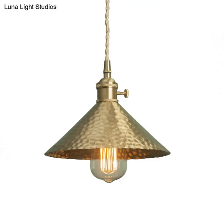 Vintage Suspension Pendant Light With Metallic Brass/Gold Finish - 7’/8.5’ Conical Shade 1-Light