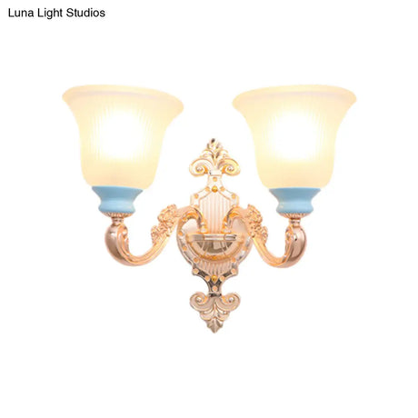 Vintage Swirled Arm Wall Light - Gold Metal Mounted Lighting With Frosted Ribbed Glass Shade