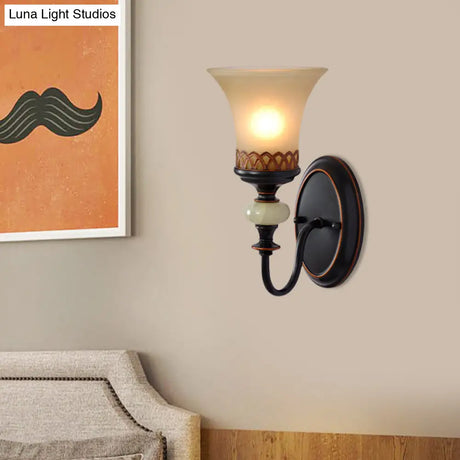 Vintage Tan Glass Black Bell Up Wall Lamp Fixture - Elegant Accent For Living Room