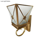 Vintage Tapered Opaque Glass Wall Sconce With Gold Finish Curly Arm - 1 Light Fixture