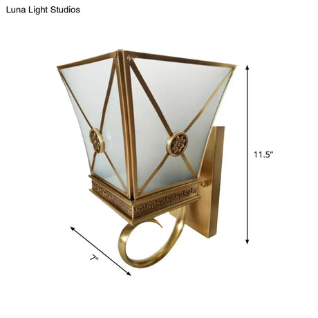 Vintage Tapered Opaque Glass Wall Sconce With Gold Finish Curly Arm - 1 Light Fixture