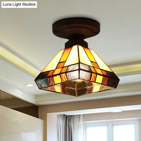 Vintage Tiffany Craftsman Flush Ceiling Light In Black/Antique Brass - Stained Glass Lamp For