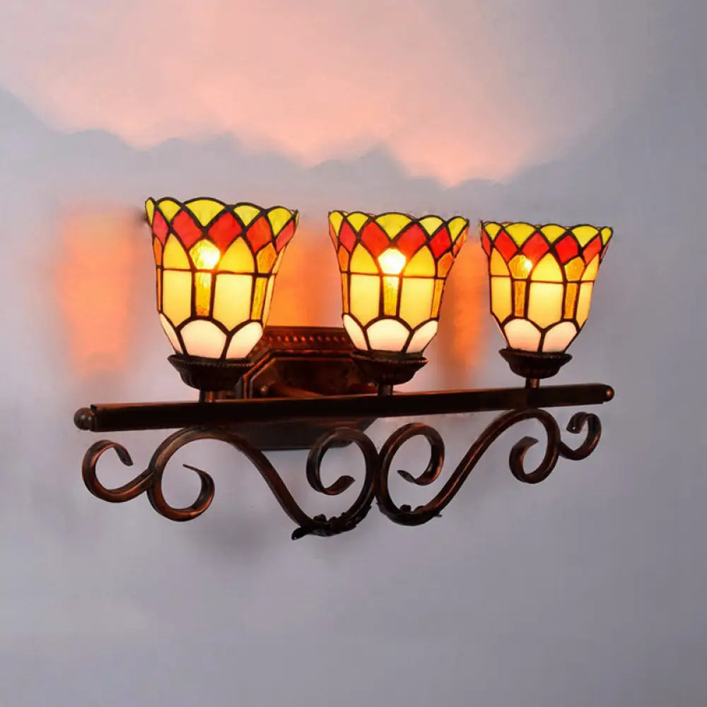 Vintage Tiffany Stained Glass 3-Light Vanity Sconce In Yellow/Red/Clear For Bathroom Red