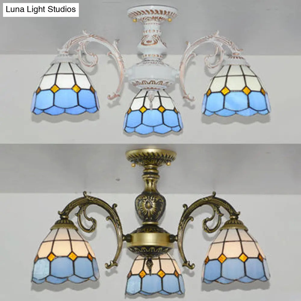 Vintage Tiffany Stained Glass Dome Semi Flush Mount Lighting In Bronze/White Finish (3/6 Lights)