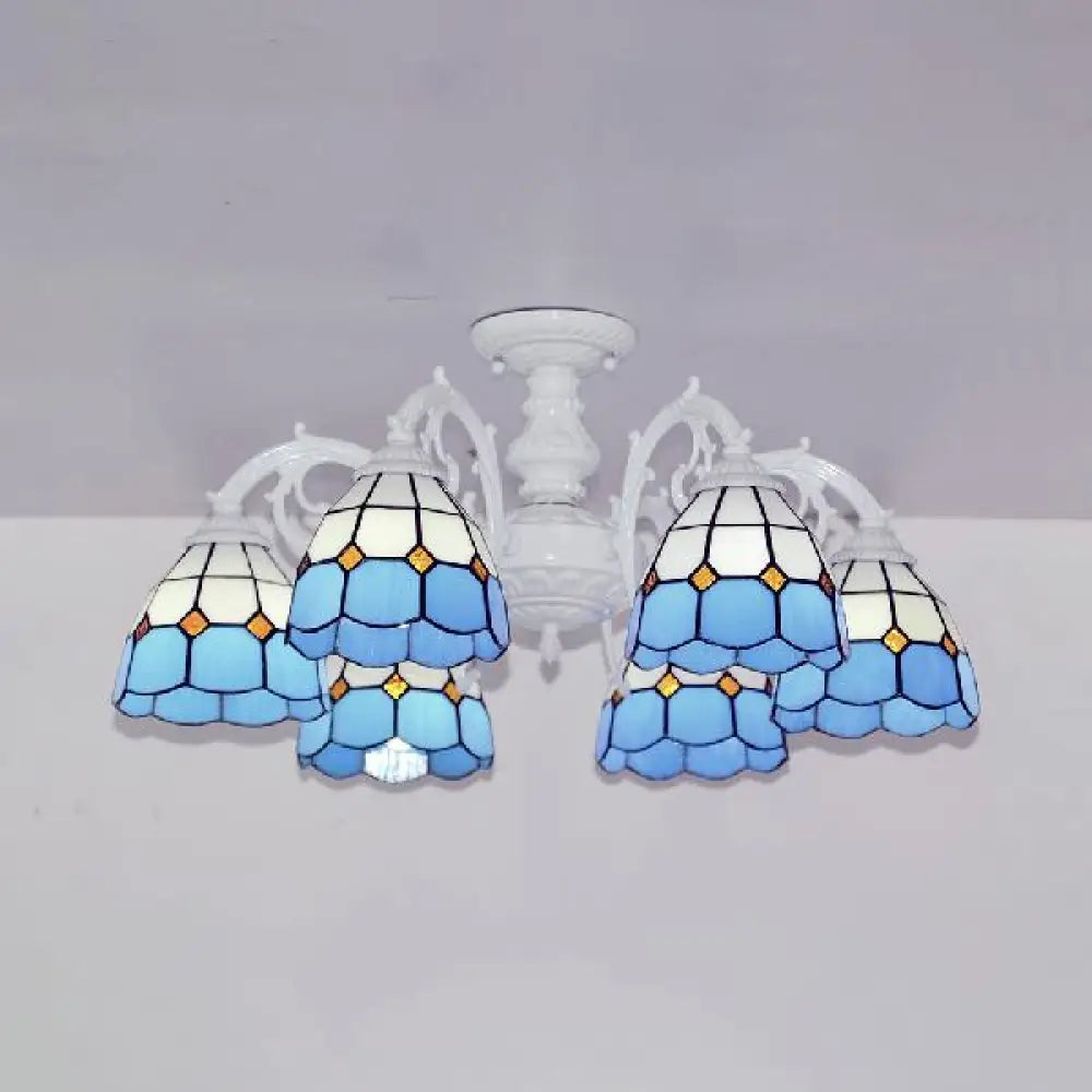 Vintage Tiffany Stained Glass Dome Semi Flush Mount Lighting In Bronze/White Finish (3/6 Lights) 6