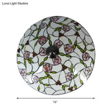 Vintage Tiffany Stained Glass Flush Ceiling Light With Pink And Green Bowl Design
