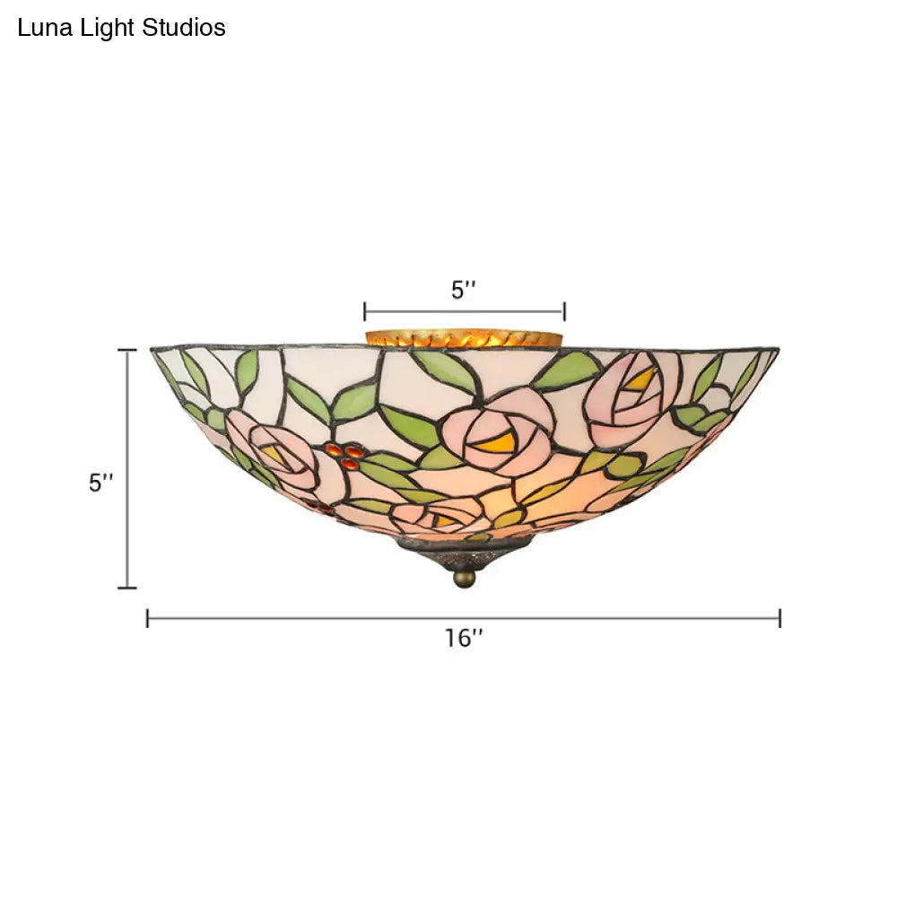 Vintage Tiffany Stained Glass Flush Ceiling Light With Pink And Green Bowl Design