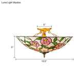 Vintage Tiffany Stained Glass Flush Ceiling Light With Pink And Green Bowl Design