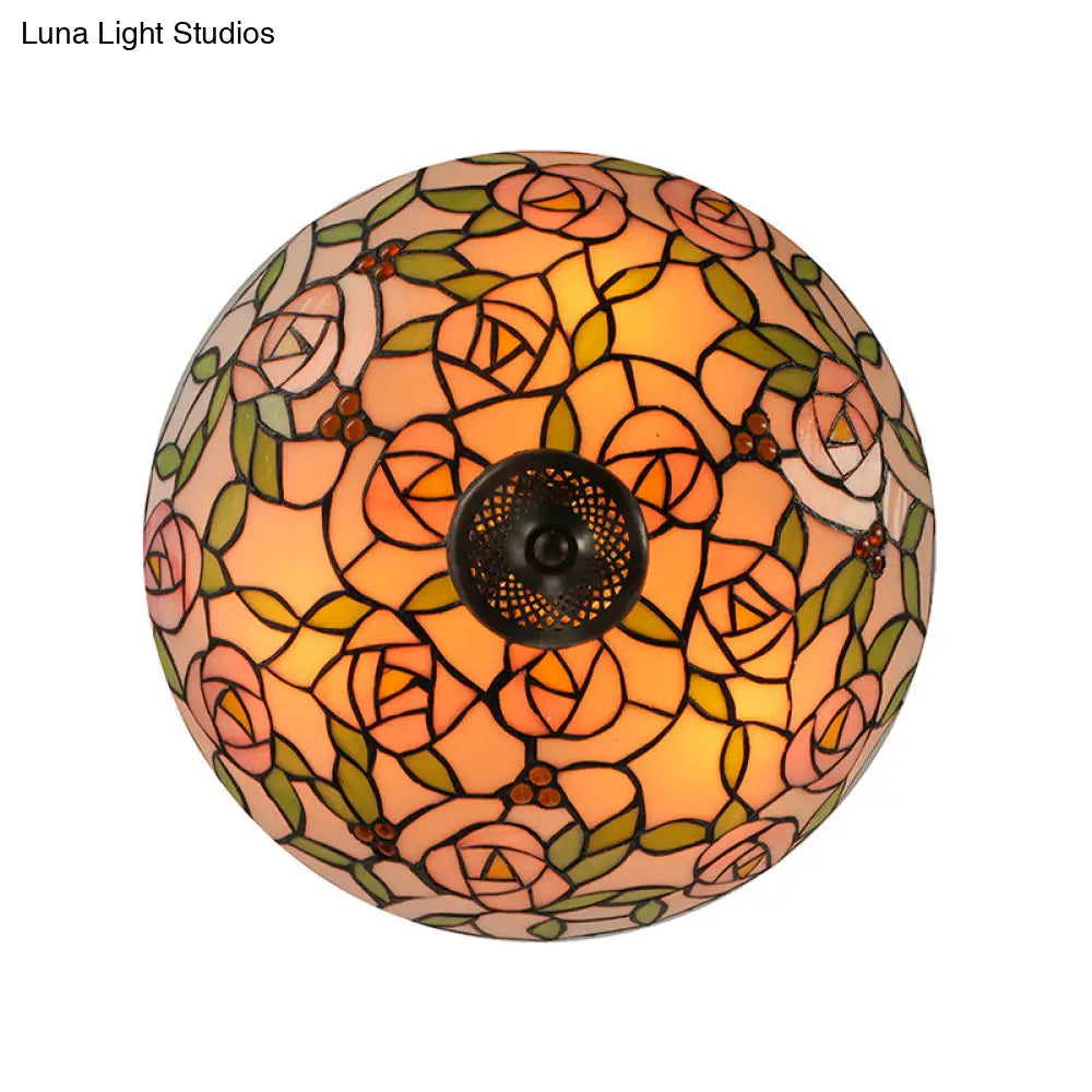 Vintage Tiffany Stained Glass Flush Ceiling Light With Pink And Green Bowl Design