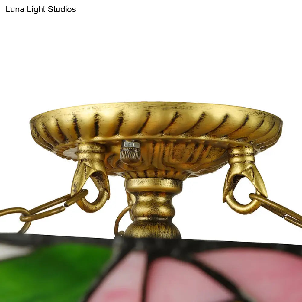 Vintage Tiffany Stained Glass Flush Ceiling Light With Pink And Green Bowl Design