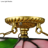 Vintage Tiffany Stained Glass Flush Ceiling Light With Pink And Green Bowl Design