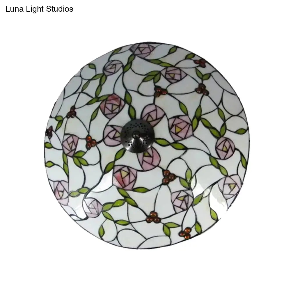 Vintage Tiffany Stained Glass Flush Ceiling Light With Pink And Green Bowl Design