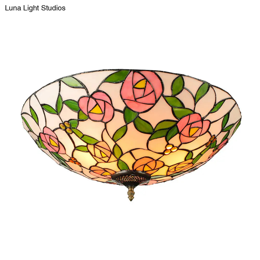 Vintage Tiffany Stained Glass Flush Ceiling Light With Pink And Green Bowl Design