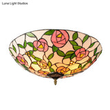 Vintage Tiffany Stained Glass Flush Ceiling Light With Pink And Green Bowl Design