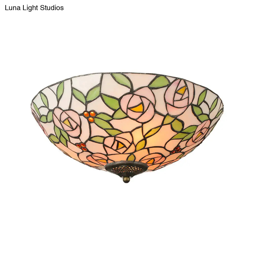 Vintage Tiffany Stained Glass Flush Ceiling Light With Pink And Green Bowl Design