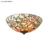 Vintage Tiffany Stained Glass Flush Ceiling Light With Pink And Green Bowl Design