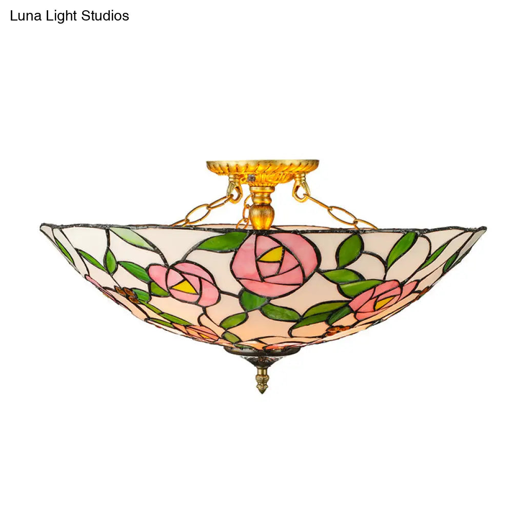 Vintage Tiffany Stained Glass Flush Ceiling Light With Pink And Green Bowl Design