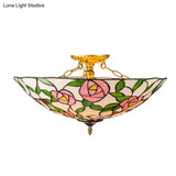 Vintage Tiffany Stained Glass Flush Ceiling Light With Pink And Green Bowl Design