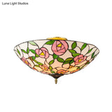 Vintage Tiffany Stained Glass Flush Ceiling Light With Pink And Green Bowl Design