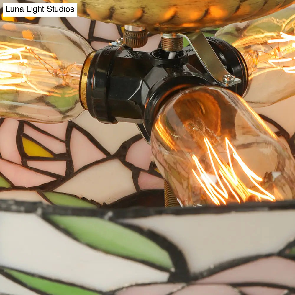 Vintage Tiffany Stained Glass Flush Ceiling Light With Pink And Green Bowl Design