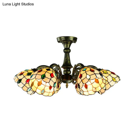 Vintage Tiffany Stained Glass Pendant Light Chandelier With Peacock Tail Design - 6 Lights Antique