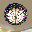 Vintage Tiffany Style Stained Glass Flush Ceiling Light - 3 Lights Art Deco Design Rhombus Pattern
