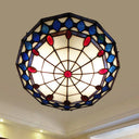 Vintage Tiffany Style Stained Glass Flush Ceiling Light - 3 Lights Art Deco Design Rhombus Pattern