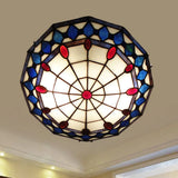 Vintage Tiffany Style Stained Glass Flush Ceiling Light - 3 Lights Art Deco Design Rhombus Pattern