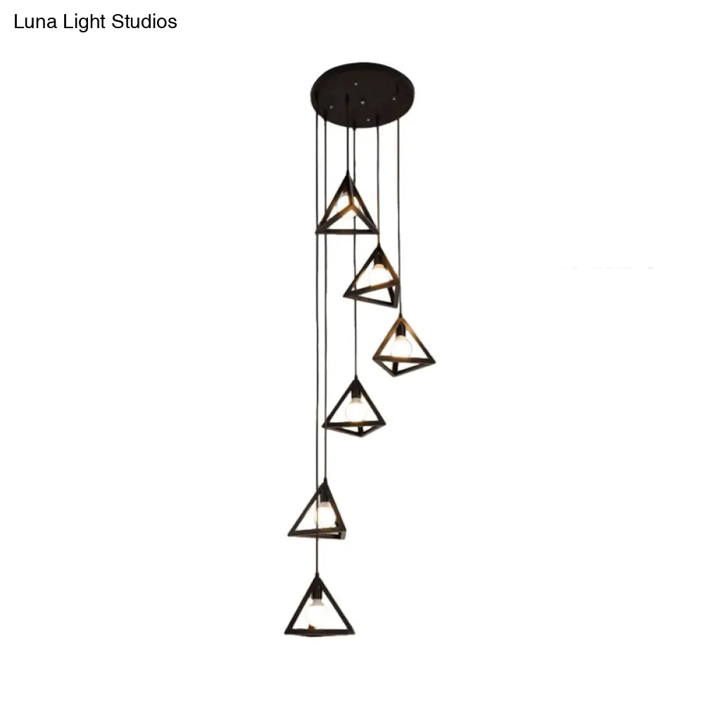 Vintage Triangle Metal Pendant Light - 6-Bulb Cluster Hanging Ceiling In Black
