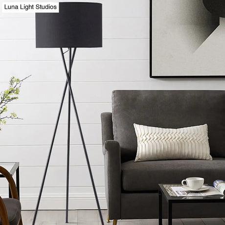 Vintage Tripod Metal Floor Lamp With Drum Fabric Shade - Perfect For Living Room