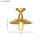 Vintage Waveforms/Scalloped Shade Semi Flush Ceiling Light - Brass Finish 8’/9.5’ W Metal Fixture