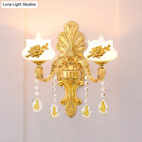 Vintage Weathered Zinc Wall Light With Crystal Accent - Imitation Jade Shade