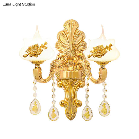 Vintage Weathered Zinc Wall Light With Crystal Accent - Imitation Jade Shade
