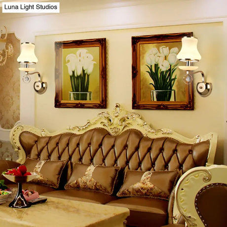 Vintage White Glass Bell Wall Lamp With Crystal Accent And Led Lighting For Living Room (1/2 Heads)