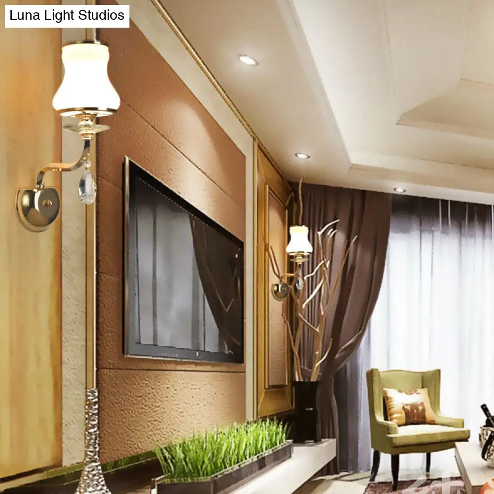 Vintage White Glass Bell Wall Lamp With Crystal Accent And Led Lighting For Living Room (1/2 Heads)
