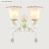 Vintage White Glass Bellflower Sconce With Crystal Drop - 1/2-Light Wall Mount Fixture