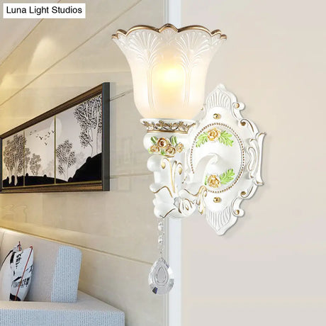 Vintage White Glass Bellflower Sconce With Crystal Drop - 1/2-Light Wall Mount Fixture