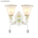 Vintage White Glass Bellflower Sconce With Crystal Drop - 1/2-Light Wall Mount Fixture