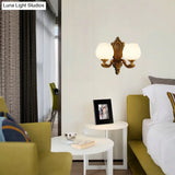 Vintage White Glass Bowl Wall Lamp - Bedroom Sconce Light With Brass Finish
