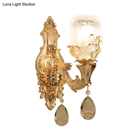 Vintage White Glass Bowl Wall Mounted Lamp With Crystal Draping - Gold Sconce Light Fixture For