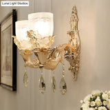 Vintage White Glass Bowl Wall Mounted Lamp With Crystal Draping - Gold Sconce Light Fixture For