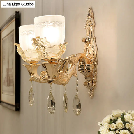 Vintage White Glass Bowl Wall Mounted Lamp With Crystal Draping - Gold Sconce Light Fixture For