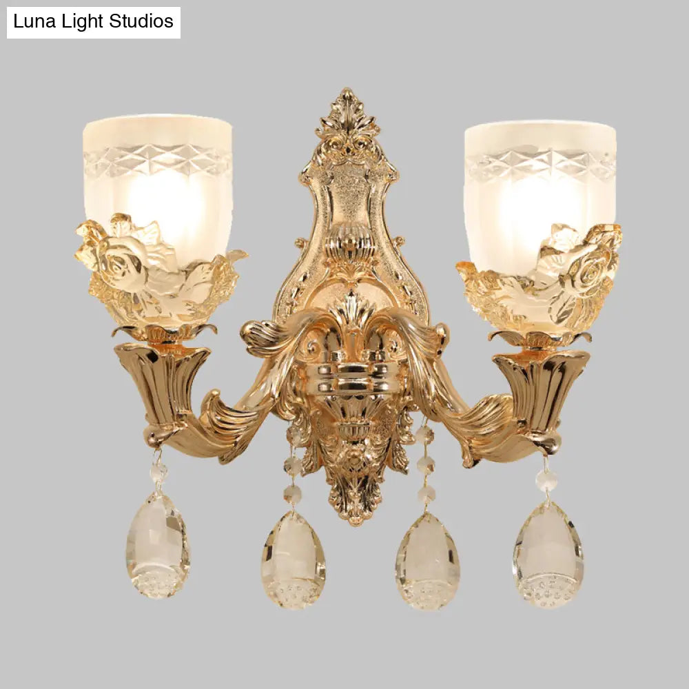 Vintage White Glass Bowl Wall Mounted Lamp With Crystal Draping - Gold Sconce Light Fixture For