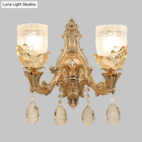 Vintage White Glass Bowl Wall Mounted Lamp With Crystal Draping - Gold Sconce Light Fixture For
