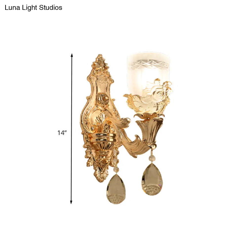Vintage White Glass Bowl Wall Mounted Lamp With Crystal Draping - Gold Sconce Light Fixture For