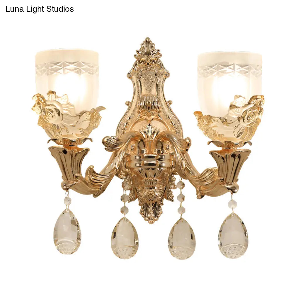 Vintage White Glass Bowl Wall Mounted Lamp With Crystal Draping - Gold Sconce Light Fixture For