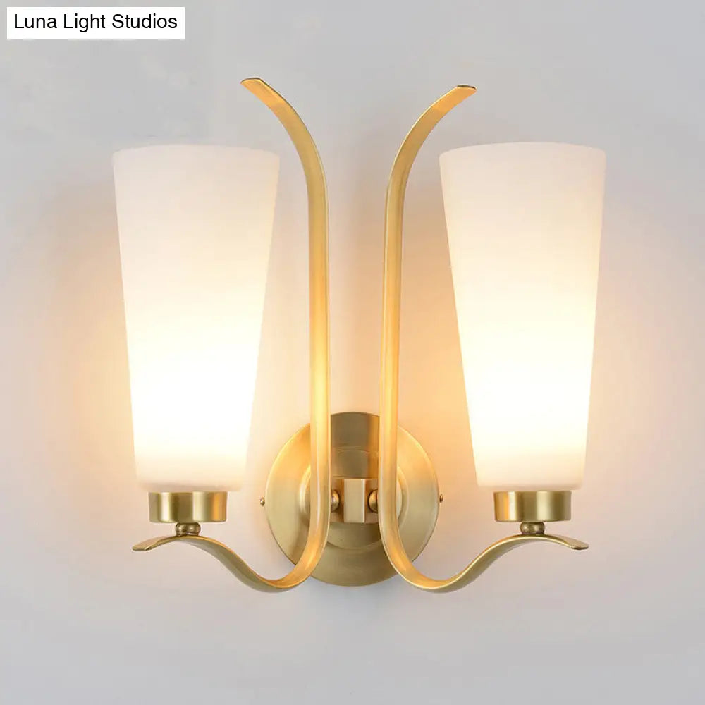 Vintage White Glass Brass Wall Lamp - 2-Light Cone Sconce For Porch With Metal Swooping Arm